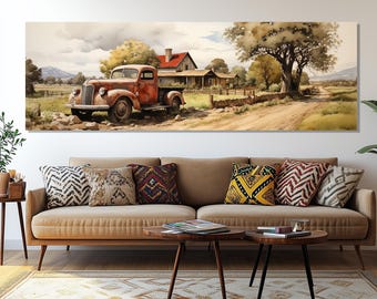 Impresión en lienzo de camión de granja rústico - Póster de camioneta vintage - Arte mural de camino rural - Pintura de granero antiguo - Regalo para granjeros o amantes de la cultura americana