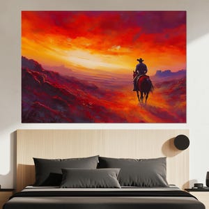 Wild West Cowboy Canvas Print – Sunset Trail Wall Art – Horseback Rider Painting – Desert Sunset Poster – Western Home Decor – Wild West Art