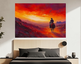 Wild West Cowboy Canvas Print – Sunset Trail Wall Art – Horseback Rider Painting – Desert Sunset Poster – Western Home Decor – Wild West Art