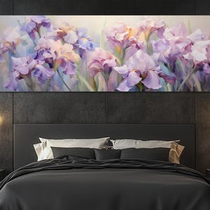Impression sur toile de fleurs d&#39;iris - oeuvre d&#39;art murale botanique pastel - affiche florale violette - tableau de jardin élégant - décoration murale fleurie douce