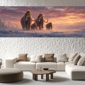 May include: A panoramic canvas print depicts a family of woolly mammoths traversing a snowy landscape under a vibrant sunset. The artwork features detailed textures and warm colors, creating a prehistoric scene.