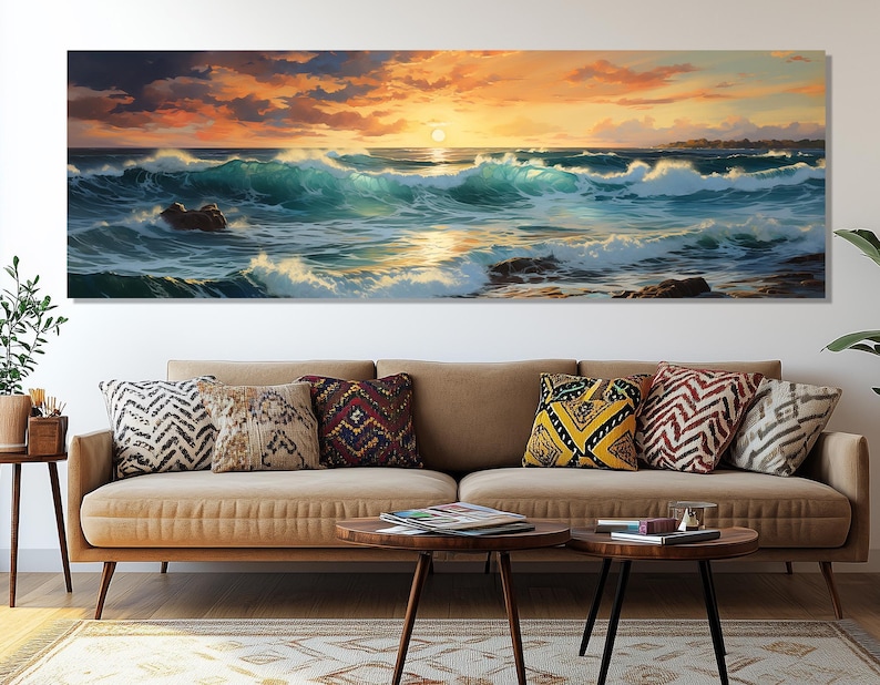 Ocean Sunset Canvas Print – Seascape Wall Art – Coastal Waves Painting ...