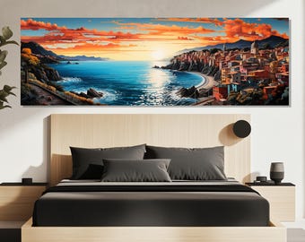 Canvasafdruk Cinque Terre – Muurkunst Italiaanse kust – Poster zonsondergang kust – Cinque Terre-schilderij – Mediterrane muurdecoratie