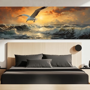 Seagull Over Ocean Canvas Print – Coastal Wall Art – Sunset Sea Bird Painting – Seagull Poster – Ocean Wave Wall Decor – Seagull Artwork