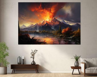 Impresión en lienzo de paisaje de volcán, arte de pared en lienzo, arte de pintura en lienzo, arte moderno, arte digital, arte de pared de volcán, impresión en lienzo lista para colgar.