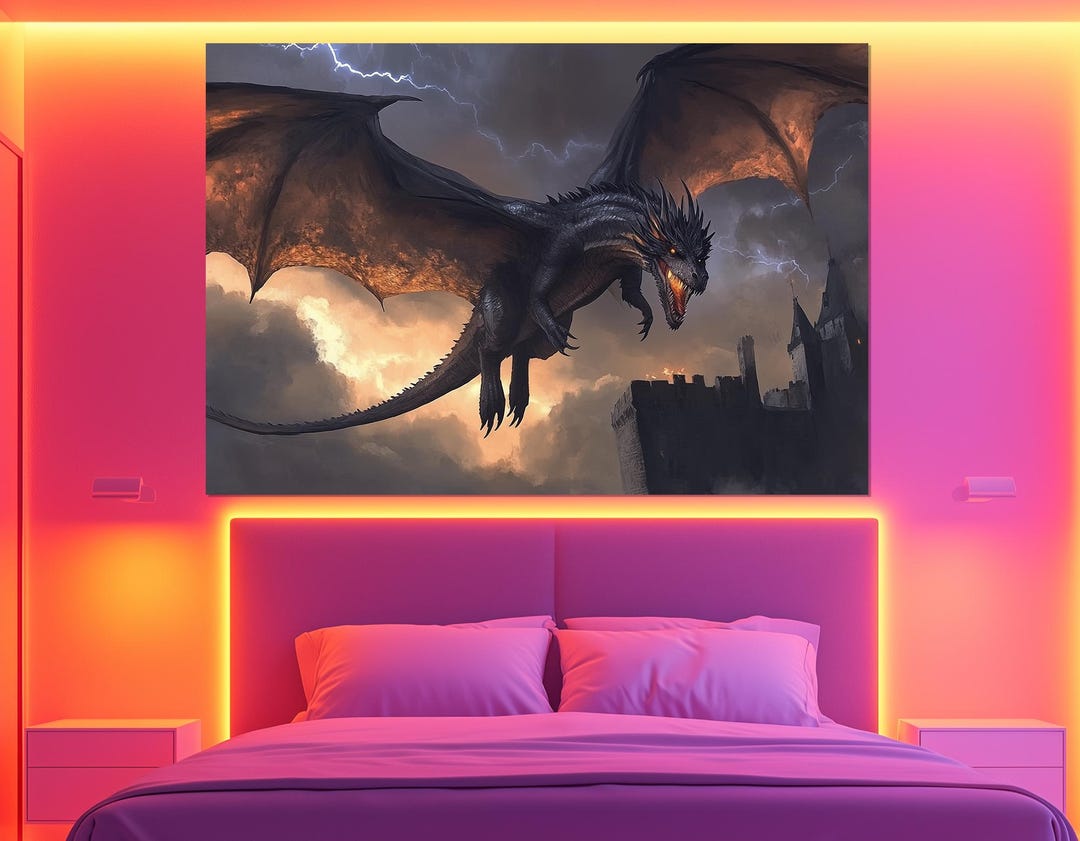 Epic Black Dragon Wall Art – Fantasy Dragon Canvas Print – Dark Gothic ...