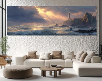 Leuchtturm Leinwand – Dramatische Ozean Wandkunst – Stürmische Meerlandschaft Poster – Küsten Malerei – Rocky Shore Natur Dekor