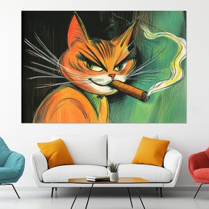 Coole Katze mit Zigarrenstift Stil Leinwand – Retro Tier Wandbild – Bold Character Poster – Geschenk für Katzenfans und verrauchte Innenräume