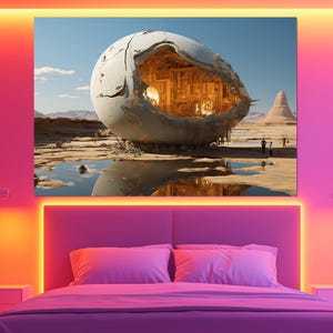 Futuristic Egg Canvas Print – Sci-Fi Desert Wall Art – Surreal Space Structure Painting – Cosmic Fantasy Poster – Alien World Home Decor