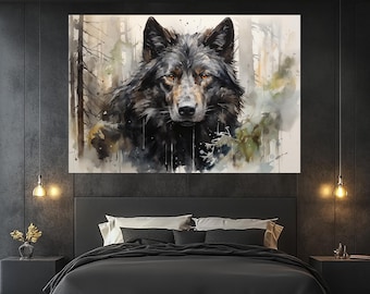 Impressão em tela de lobo preto - pôster de espírito da floresta - arte de parede de lobo em aquarela - pintura de lobo selvagem - presente para amantes da vida selvagem ou fãs de decoração rústica