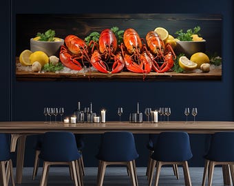 Lobster Seafood Still Life Canvas Print – Gourmet Kitchen Wall Art – Lobster Poster – Dining Room Decor – Seafood Art Painting