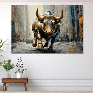 Charging Bull on Wall Street Canvas Print, Canvas Wall Art, Charging Bull Paint Art, Modern Room Decor, Digital Art, Charging Bull Picture.