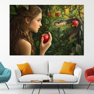 Eve in the Garden of Eden Canvas Print – Temptation of the Serpent – Biblical Wall Art – Paradise Wall Decor – Spiritual Art Painting