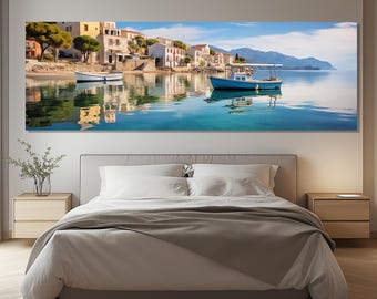Blue Boat Coastal Canvas Print - Mediterranean Village Poster - Serene Sea Wall Art - Greek Island Painting - Gift Travel Lover