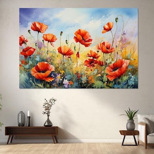 Impresión en lienzo de acuarela de amapolas, arte de pared en lienzo, decoración de sala de estar, impresión en lienzo lista para colgar, pintura de campo de lupinos.