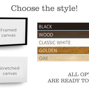a variety of framed canvas options, including black, wood, classic white, golden oak, and stretched canvas, along with a message that says "Choose the style!" and "ALL options are ready to hang".