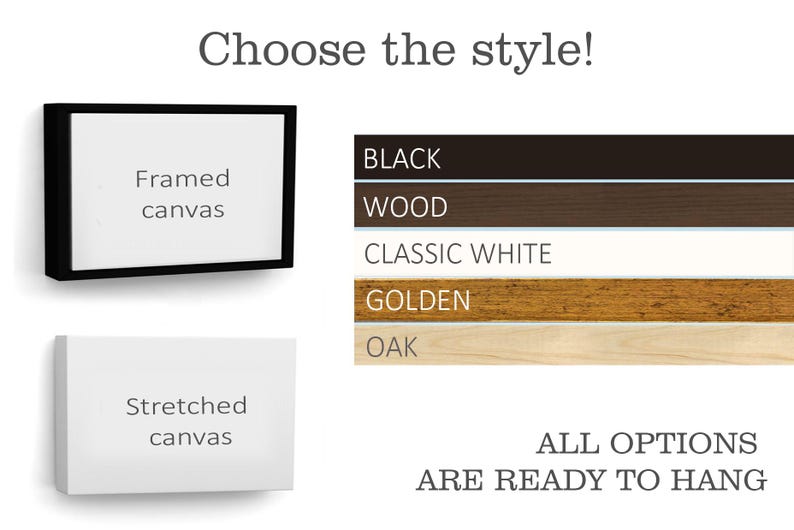 a variety of framed canvas options, including black, wood, classic white, golden oak, and stretched canvas, along with a message that says "Choose the style!" and "ALL options are ready to hang".