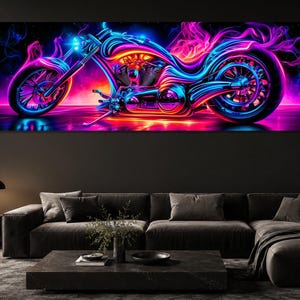 May include: A panoramic wall art print featuring a stylized motorcycle rendered in vibrant neon blue, pink, and orange colors. The motorcycle is surrounded by swirling, luminous smoke-like trails against a dark background, creating a high-contrast effect.