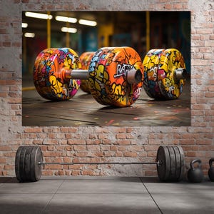 Graffiti Dumbbell Canvas Print – Urban Gym Wall Art – Colorful Weights Poster – Street Style Fitness Painting – Bold Workout Decor