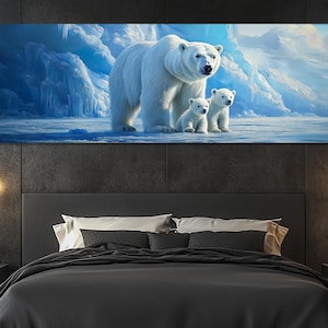 Polar Bear Family Canvas Print – Arctic Wildlife Wall Art – Bear Cubs Painting – Polar Bear Poster – Nature Room Decor – Polar Bear Artwork