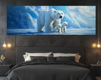 Impresión en lienzo de una familia de osos polares – Arte mural de fauna ártica – Pintura de oseznos – Póster de oso polar – Decoración natural para habitaciones – Obra de arte de oso polar