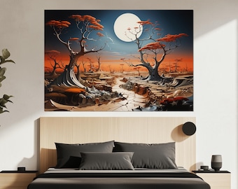 May include: A large canvas print depicting a surreal landscape with stylized trees and a full moon. The trees have orange foliage and dark, textured trunks. The ground is cracked and leads to the horizon, with a gradient sky of orange, blue, and black.