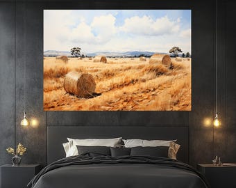 Impresión en lienzo de un campo de heno dorado - Póster de paisaje rural - Arte mural de la temporada de cosecha - Decoración de granja - Regalo para amantes del campo