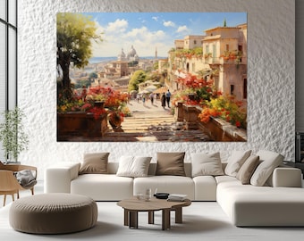 Italian Street Scene Oil Painting – Mediterranean City View Canvas – Colorful Rome Poster – Gift for Italy Fans – Rome Streets Wall Art