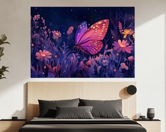 Purple Butterfly Canvas Print – Watercolor Butterfly Wall Art – Enchanted Floral Poster for Bedroom or Nursery – Butterfly Painting