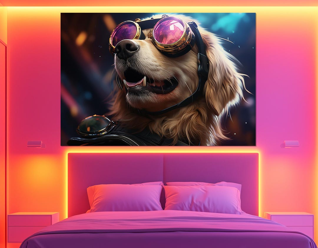 Cyberpunk Dog Canvas Print - Golden Retriever in Neon Goggles ...