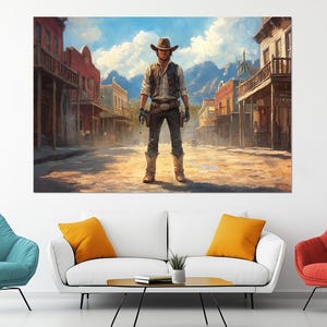 Wild West Sheriff Canvas Print – Cowboy Street Scene Wall Art – Western Town Poster – Wild West Wall Decor – Gunfighter Painting