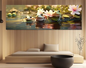 Three Frogs on Lily Pad Canvas Print – Whimsical Pond Wall Art – Cute Amphibian Painting – Nature Wall Decor – Froggy Lovers Gift