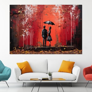 Impresión en lienzo estilo Banksy – Arte mural urbano romántico – Póster de pareja con paraguas – Pintura de amor urbano – Decoración de pared con grafiti moderno