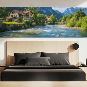 Alpine River Canvas Print, Alpine Landscape Wall Art, Alpine Village Painting, Living Room Decor, Alpine Landscape Poster, River in the Alps