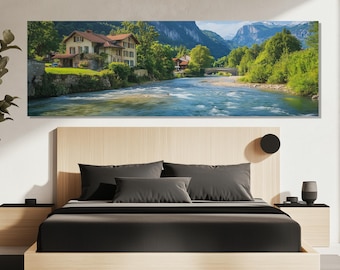 Alpine River Canvas Print, Alpine Landscape Wall Art, Alpine Village Painting, Living Room Decor, Alpine Landscape Poster, River in the Alps