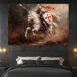 Templar Knight Canvas Print – Medieval Warrior Wall Art – Crusader on Horseback Poster – Historical Knight Painting – Warrior Wall Decor