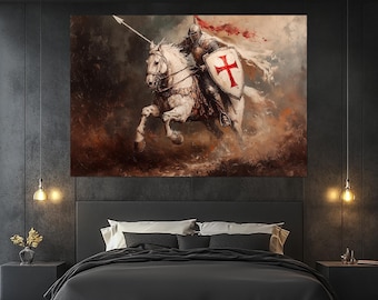 Templar Knight Canvas Print – Medieval Warrior Wall Art – Crusader on Horseback Poster – Historical Knight Painting – Warrior Wall Decor
