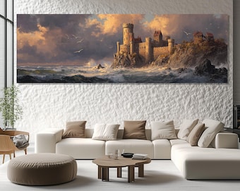Stormy Castle Canvas Print – Coastal Fortress Wall Art – Dramatic Ocean Painting – Medieval Poster – Seaside Fantasy Wall Decor