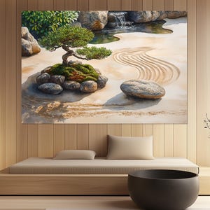 Zen Garden Harmony Canvas Print – Japanese Rock Garden Wall Art – Bonsai Tree Poster – Peaceful Nature Decor – Bonsai Tree Painting