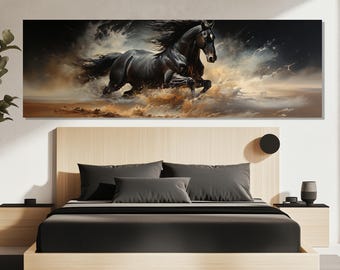 Black Stallion Canvas Print – Powerful Horse Wall Art – Dynamic Animal Painting – Wild Spirit Poster – Black Stallion Artwork