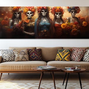 Day of the Dead Canvas Print – Dia de los Muertos Wall Art – Mexican Skull Painting – Floral Skeleton Decor – Mexican Cultural Poster