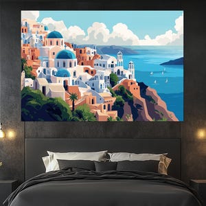 Santorini Greece Canvas Print – Mediterranean Wall Art – Coastal View Picture – Summer Greece Poster – Santorini Painting