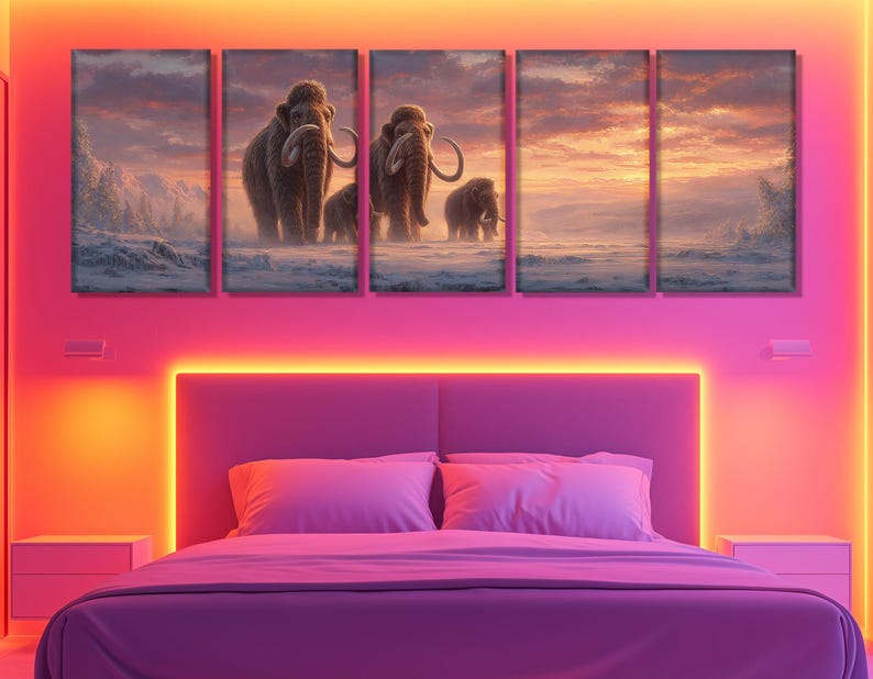 May include: A five-panel canvas art set depicting a herd of woolly mammoths in a snowy landscape under a sunset sky. The artwork is displayed above a bed in a bedroom with pink and orange lighting.
