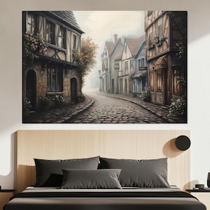 Old European Street Canvas Print – Vintage Town Wall Art – Rustic Village Poster – Cozy Street Painting – European Wall Decor