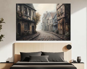 Old European Street Canvas Print – Vintage Town Wall Art – Rustic Village Poster – Cozy Street Painting – European Wall Decor