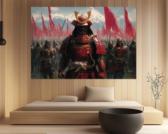 Impresión en lienzo de Shogun – Arte mural de comandante samurái – Póster del Japón feudal – Pintura de guerrero con armadura roja – Decoración épica de campo de batalla