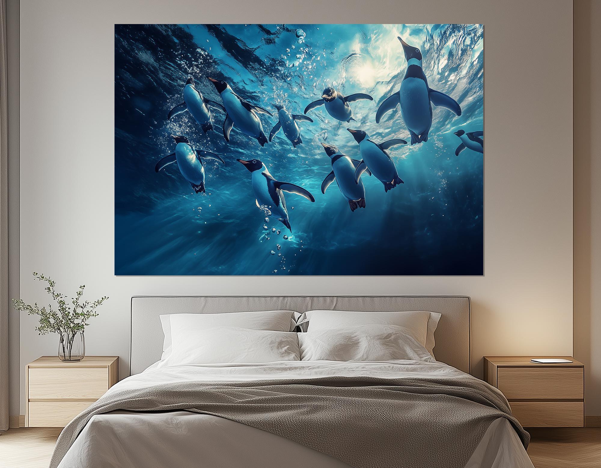 泳ぐペンギンのキャンバスプリント - 水中ペンギンの壁アート - 海の