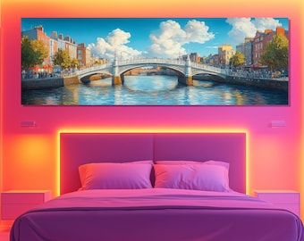 Canvasafdruk Dublin Bridge – Kleurrijke muurkunst Dublin stadsgezicht – River Liffey poster – Iers stedelijk decor – Levendig schilderij Dublin