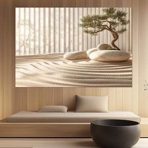 Zen Garden Serenity Canvas Print – Japanese Minimalist Wall Art – Rock and Bonsai Tree Poster – Calm Nature Decor – Bonsai Tree Painting