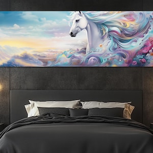 Impression sur toile majestueux cheval blanc - oeuvre d&#39;art murale cheval fantastique - peinture cheval blanc colorée - décoration cheval Pégase - cadeau nature fantaisiste